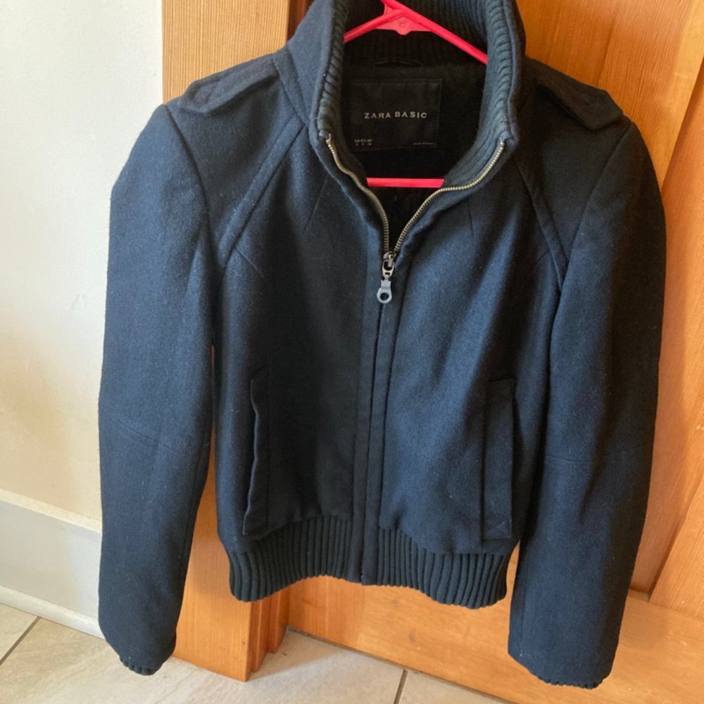 Zara Basic Black Wool Bomber Us Small - image 2